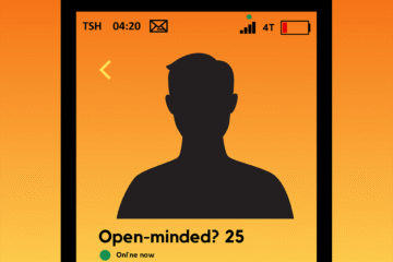 Poster for Trade's Mpox response. A fake mobile phone shows a silhouette dating profile encouraging users to seek more information about staying safe and Mpox.