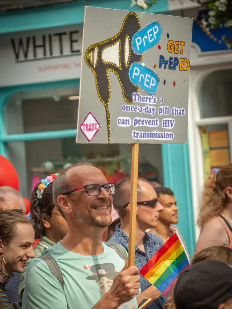 A handmade placard with awareness messaging around PrEP