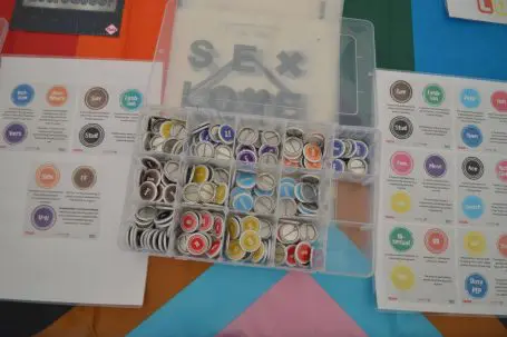 Colourful box of badges with different labels on describing identities