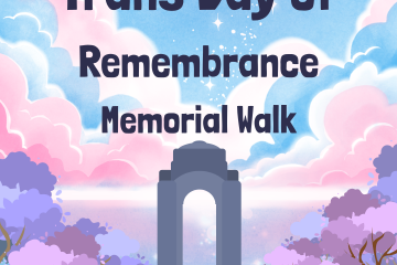 Image of the War Memorial in Leicester's Victoria Park in the colours of the trans flag (pink, white and blue)