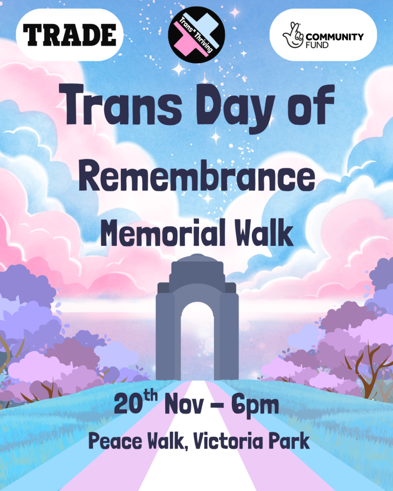 Image of the War Memorial in Leicester's Victoria Park in the colours of the trans flag (pink, white and blue)